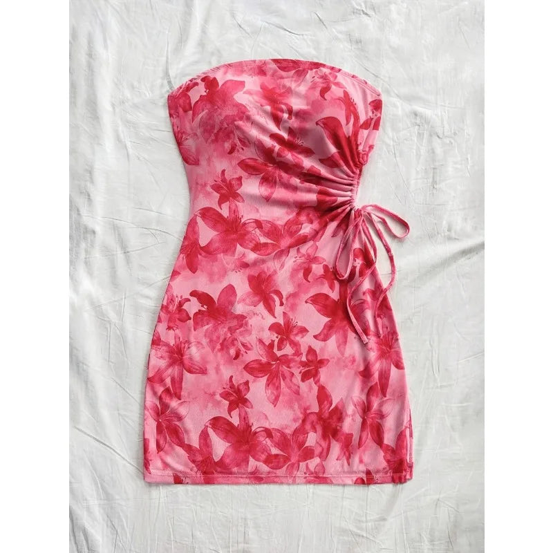 Women's 2025 Floral Print Tube Mini Dress Strapless Backless Party Club Short Ruched Drawstring Bodycon Party Dresses Streetwear