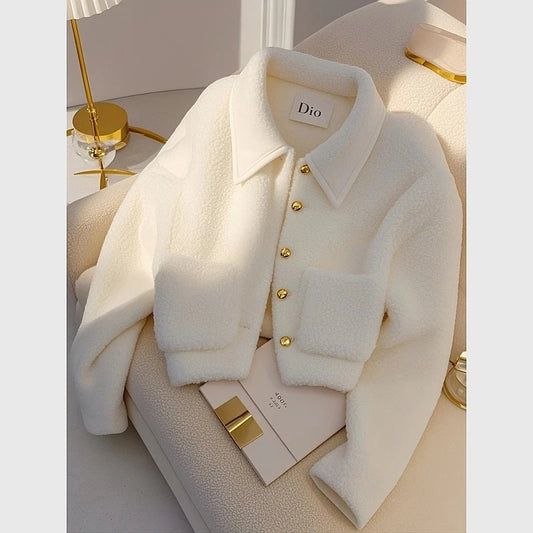 White lambswool coat women's autumn/winter top2025 new one-piece padded warm high-grade jacket long sleeves short Casual Outwear