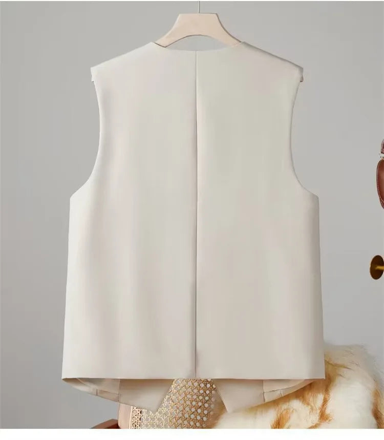 Vest Women Sleeveless Jacket Waistcoat V Neck Single Breasted Tops Outerwear Spring Summer Female 2025 Office Lady Vintage Coat