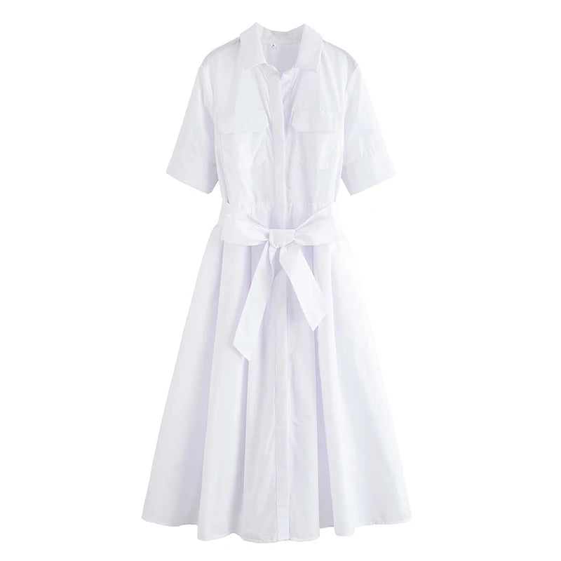 YENKYE Autumn  2025 Women Solid With Belt Long Shirt Dress Vintage Lapel Collar Short Sleeve A-line Casual Dresses Maxi Vestidos