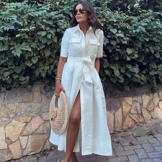 YENKYE Autumn  2025 Women Solid With Belt Long Shirt Dress Vintage Lapel Collar Short Sleeve A-line Casual Dresses Maxi Vestidos