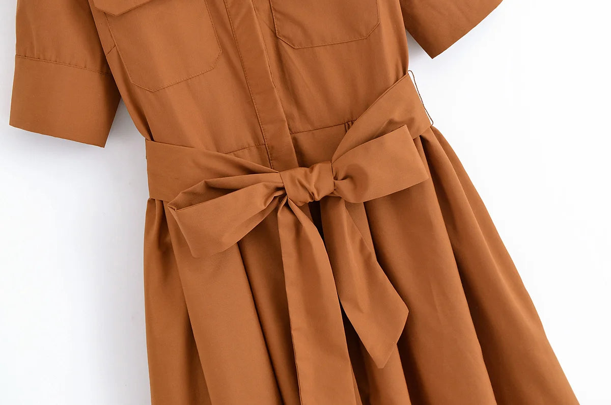 YENKYE Autumn  2025 Women Solid With Belt Long Shirt Dress Vintage Lapel Collar Short Sleeve A-line Casual Dresses Maxi Vestidos
