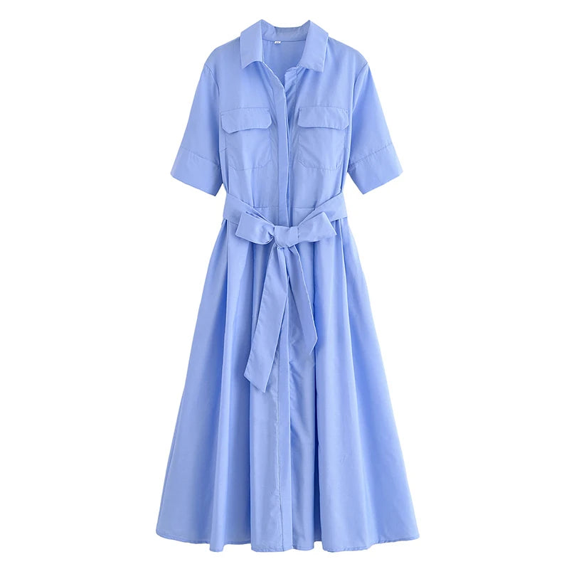YENKYE Autumn  2025 Women Solid With Belt Long Shirt Dress Vintage Lapel Collar Short Sleeve A-line Casual Dresses Maxi Vestidos