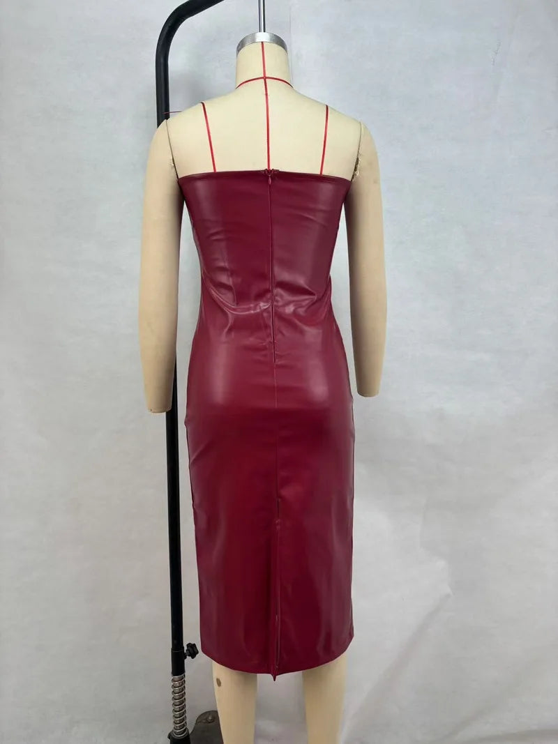 American women's clothing  autumn winter sexy tube top dress PU leather solid color temperament skirt split ends slim fit