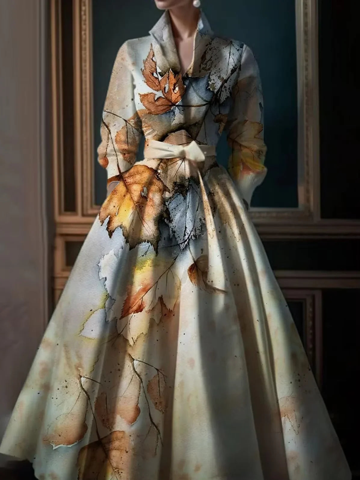 Elegant Maple Leaf Print Maxi Dresses Women Stand Collar Long Sleeve Long Dress Party Wedding Evening A-Line Dress Vestido