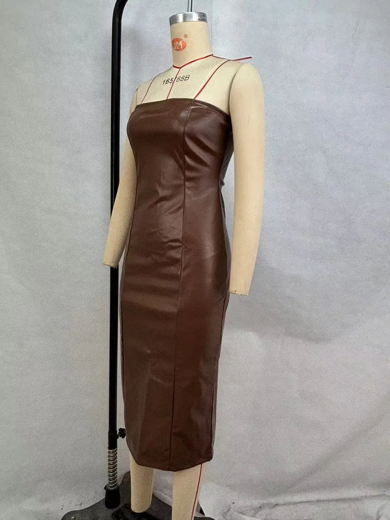 American women's clothing  autumn winter sexy tube top dress PU leather solid color temperament skirt split ends slim fit
