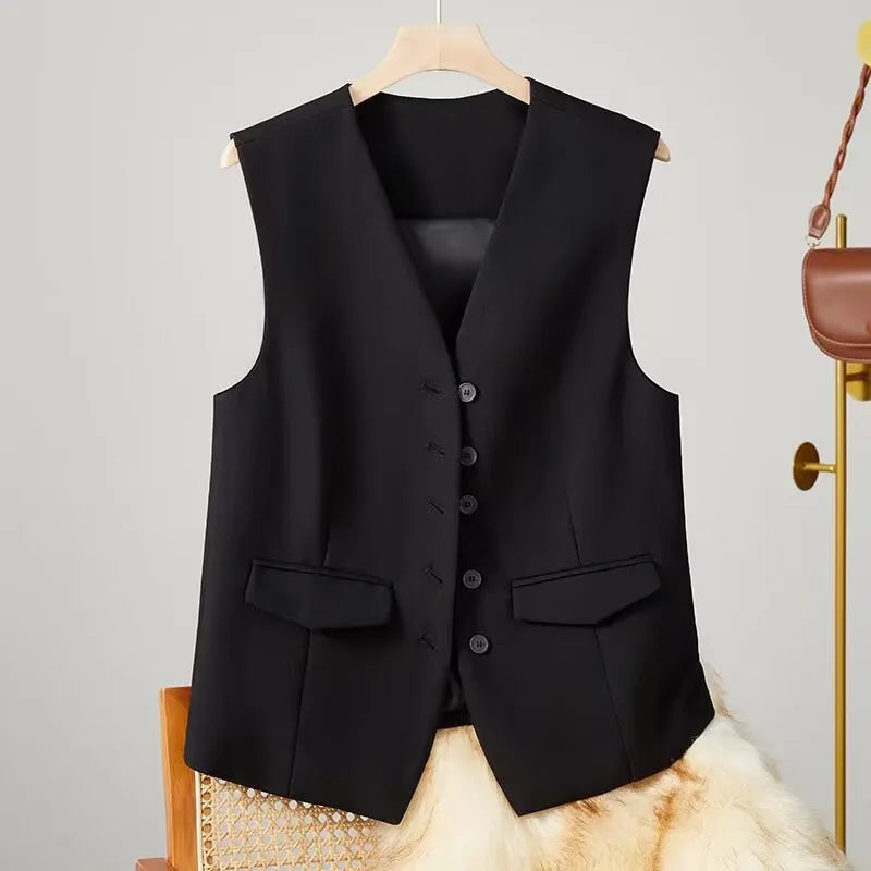 Vest Women Sleeveless Jacket Waistcoat V Neck Single Breasted Tops Outerwear Spring Summer Female 2025 Office Lady Vintage Coat