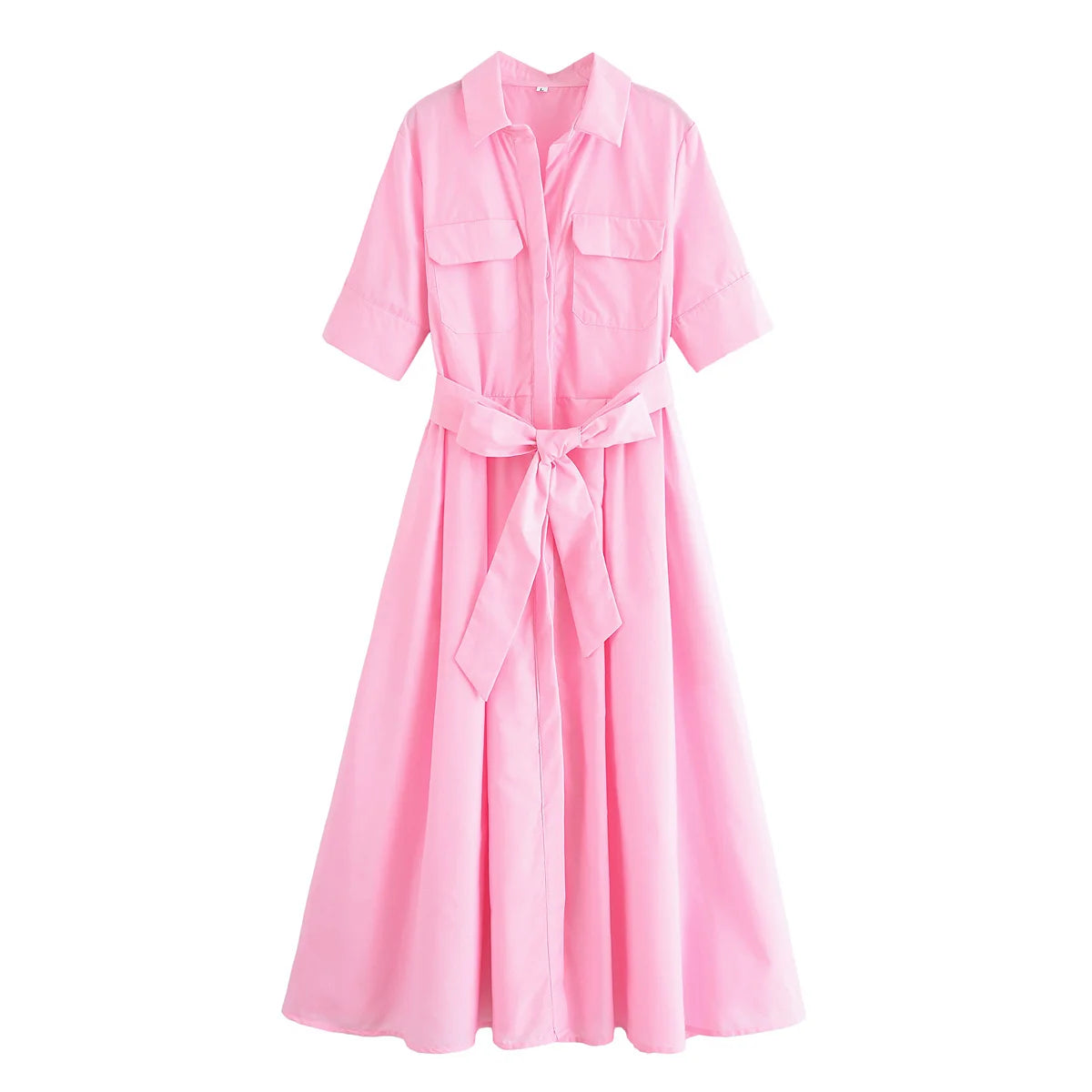 YENKYE Autumn  2025 Women Solid With Belt Long Shirt Dress Vintage Lapel Collar Short Sleeve A-line Casual Dresses Maxi Vestidos
