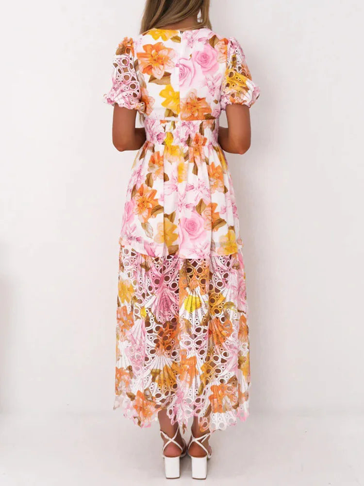New Hollow Out Puff Sleeve Fashion Maxi Dress, Women Summer Patchwork Print Party Dress, V-Neck Beach Style Ruffles Ladies Dress