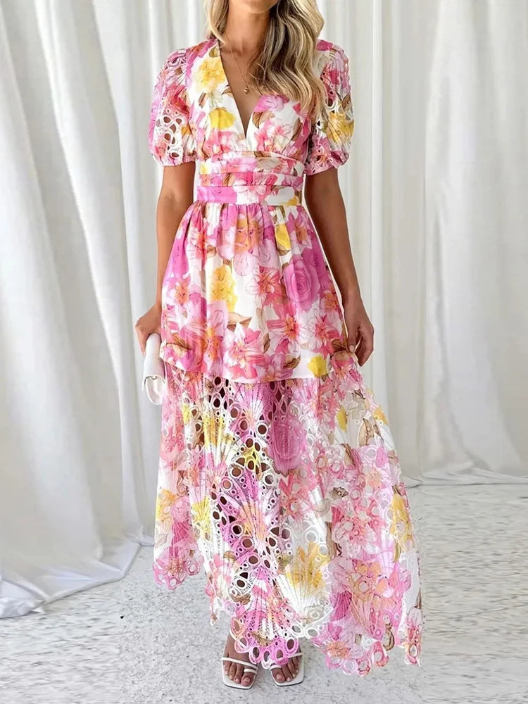 New Hollow Out Puff Sleeve Fashion Maxi Dress, Women Summer Patchwork Print Party Dress, V-Neck Beach Style Ruffles Ladies Dress