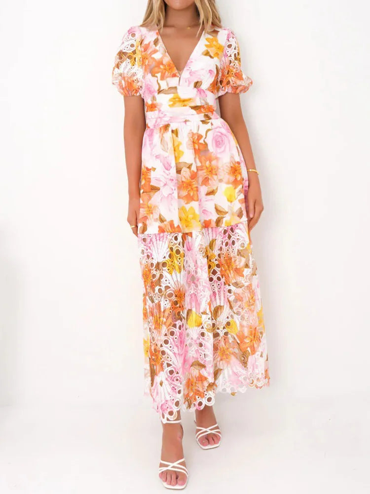 New Hollow Out Puff Sleeve Fashion Maxi Dress, Women Summer Patchwork Print Party Dress, V-Neck Beach Style Ruffles Ladies Dress