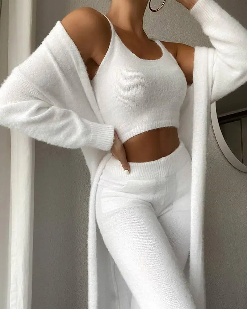 Autumn Winter Plush Vest Three-piece Sexy V-neck Plush Short Vest Trousers Suit Temperament Commuter Women's Three-piece Set