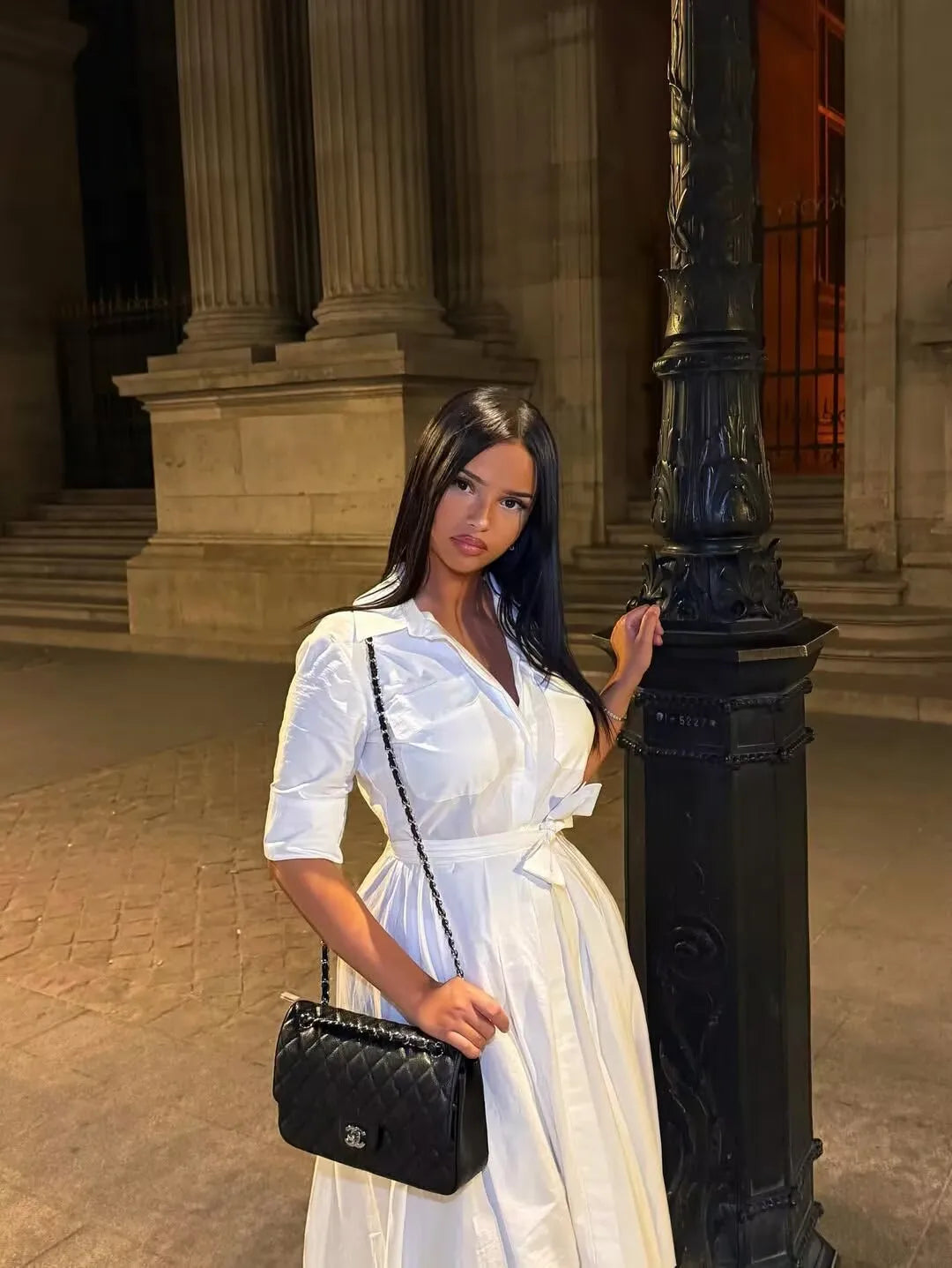 YENKYE Autumn  2025 Women Solid With Belt Long Shirt Dress Vintage Lapel Collar Short Sleeve A-line Casual Dresses Maxi Vestidos