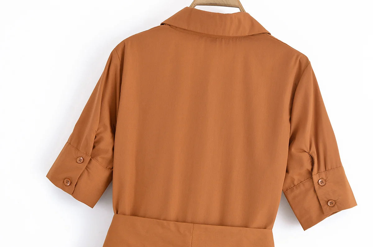 YENKYE Autumn  2025 Women Solid With Belt Long Shirt Dress Vintage Lapel Collar Short Sleeve A-line Casual Dresses Maxi Vestidos